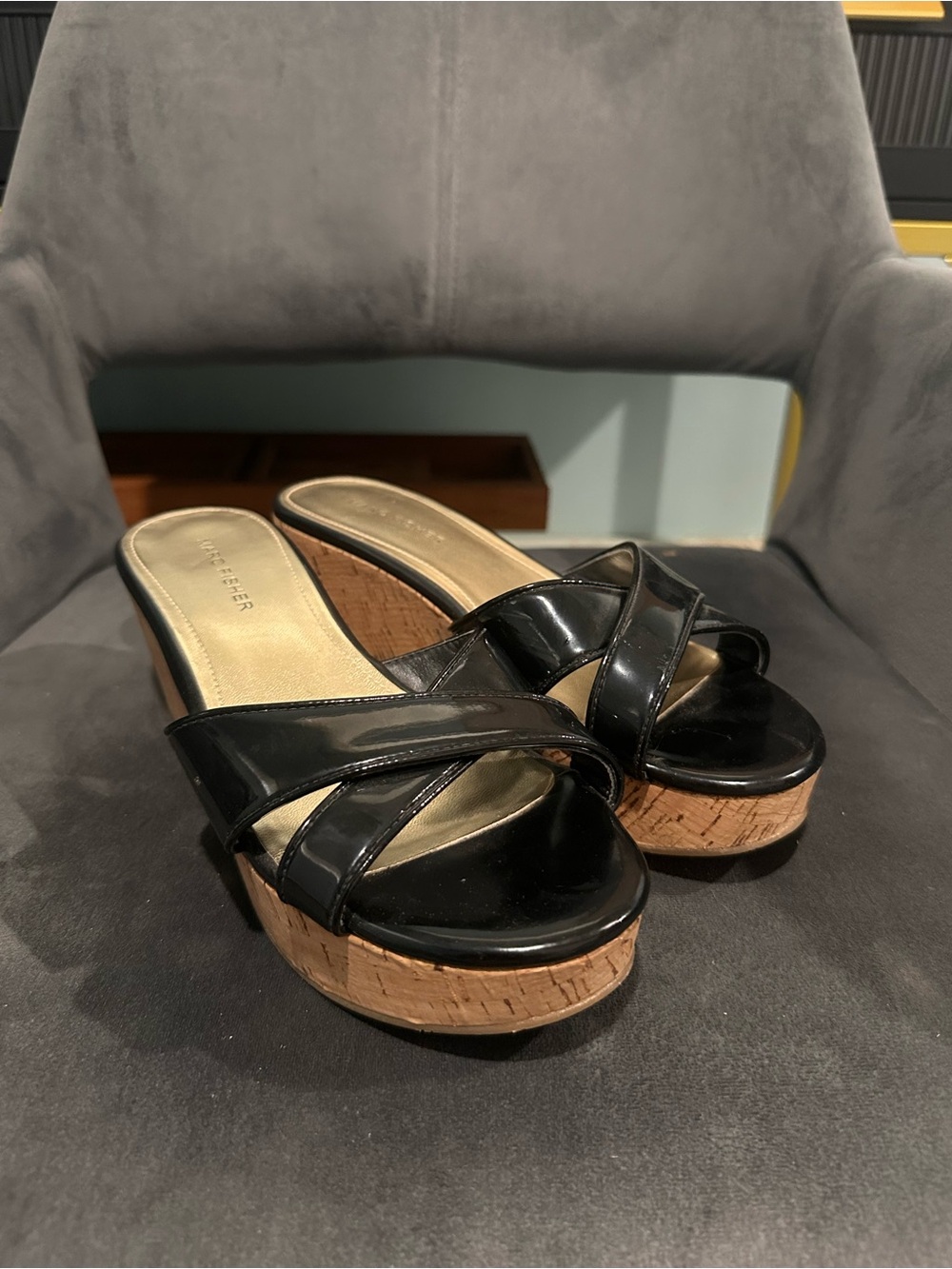 Marc Fisher Black Patent Cork Platform Slide Wedges